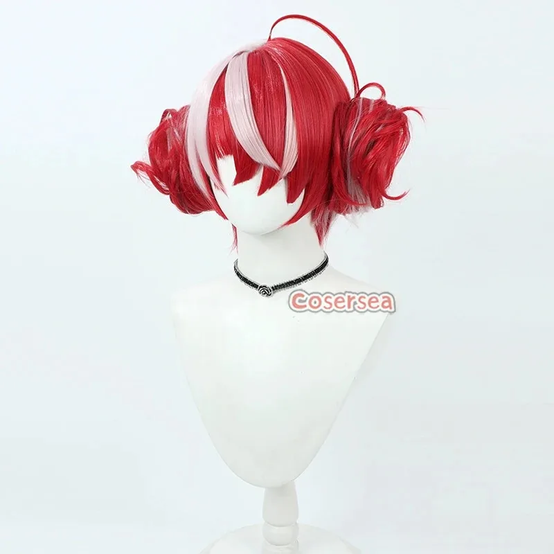 Cosersea Kureiji Ollie شعر مستعار تأثيري مع الكعك الظاهري YouTuber Kureiji Ollie الأحمر مختلط شعر مستعار أبيض الشعر الاصطناعية مقاومة للحرارة