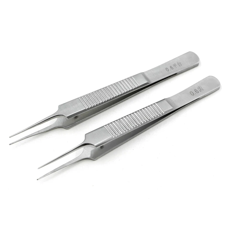 Pinzas de plástico fino oftálmico, herramienta de acero inoxidable, 10cm, 0.40.60.8, plataforma dentada, doble párpado