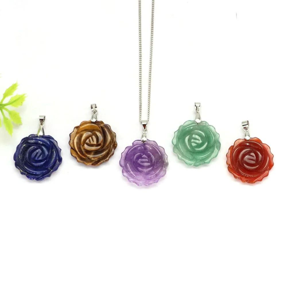 Natural Gemstone Carved Rose Flower Stone Pendant Amethyst Healing Crystal Necklace DIY Jewelry Bead Charm Women Valentine Gift