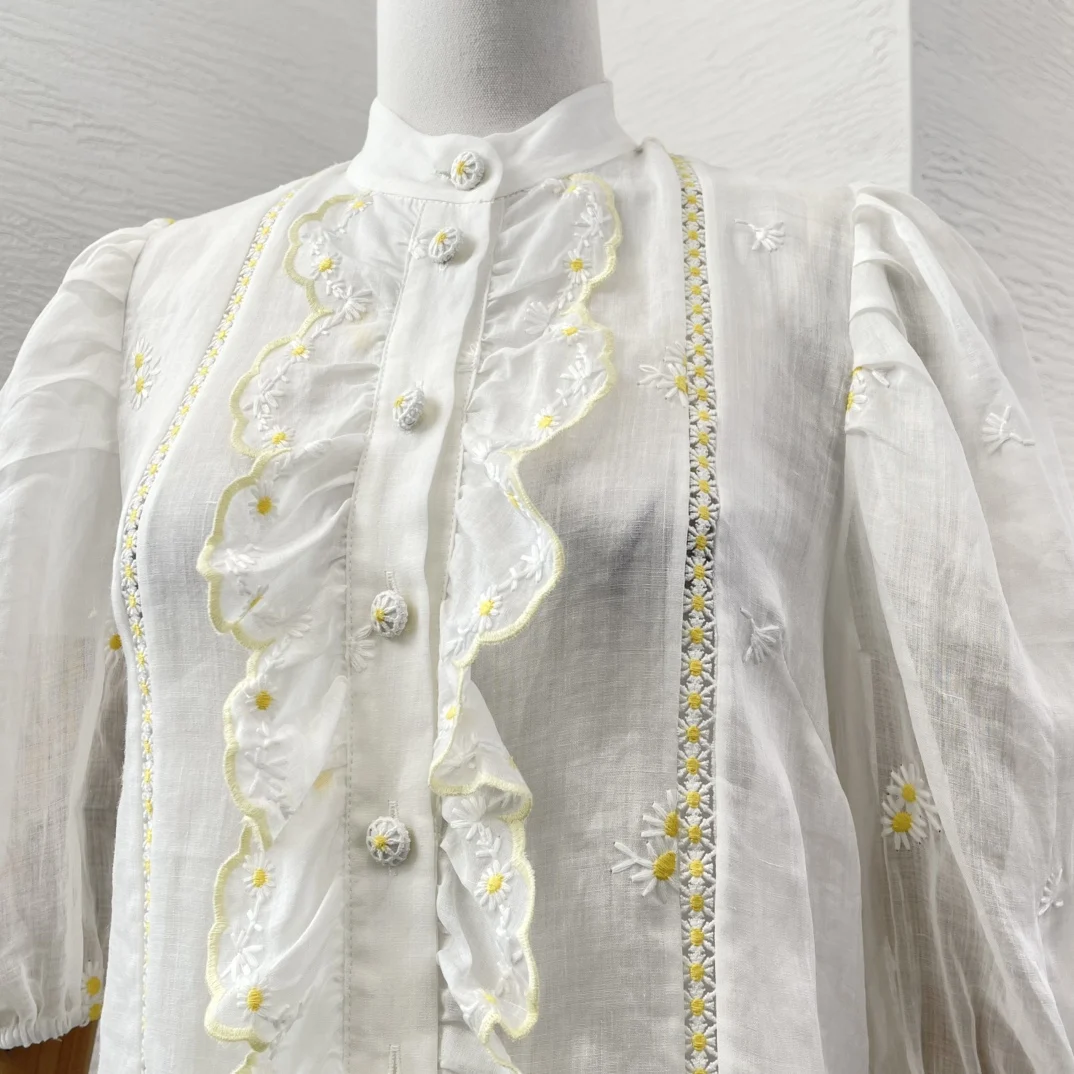 

2025 Ramie White Short Sleeve Lace Patchwork Ruffles Embroidery Flowers Blouse Tops High Quality