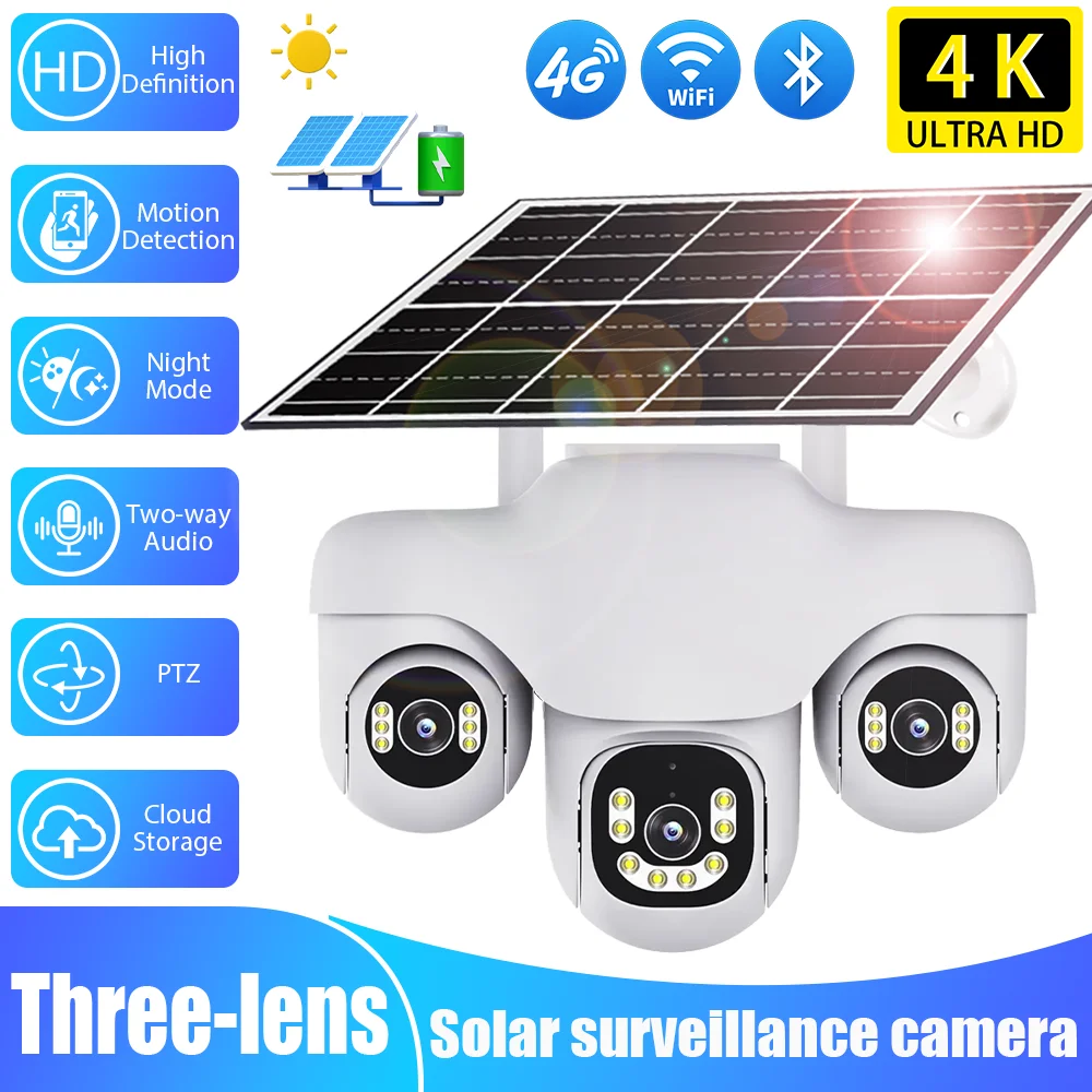 

12MP Solar Power HD Three Lens Security Camera Wireless 4G WiFi CCTV Wireless Security Camera Indoors Outdoors PTZ 4K Camera