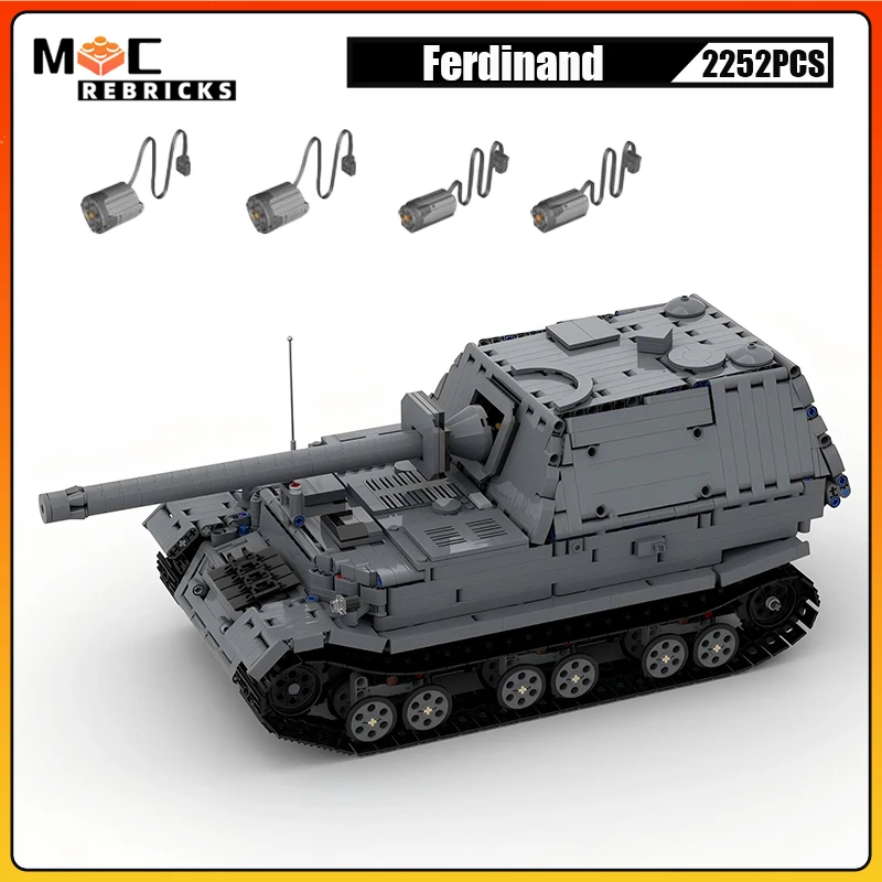 

WW2 Heavy Tank Destroyer Model Ferdinand Artillery Armored Chariot MOC Technology Building Blocks Toys Xmas Gifts For Kids Adult