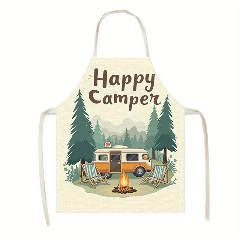 1pc Happy Camper Apron with RV Campfire Forest Print Outdoor Adventure Kitchen Baking BBQ Cooking Wear Unisex Nature Lover Gift