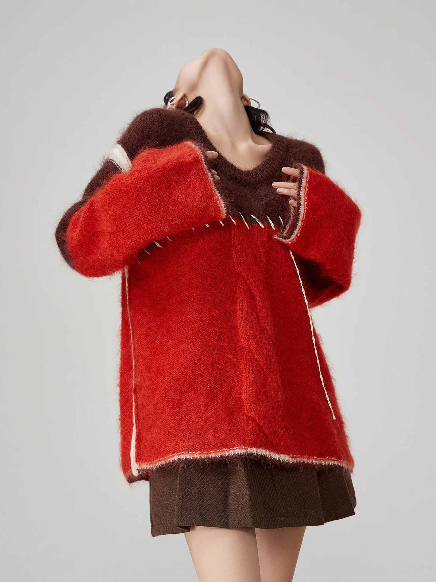 

Red Contrast Color Splicing V-ne Knitted Sweater Women's Loose Design Spring New Sle Soft Fluffy Trendy Casual Knitwear