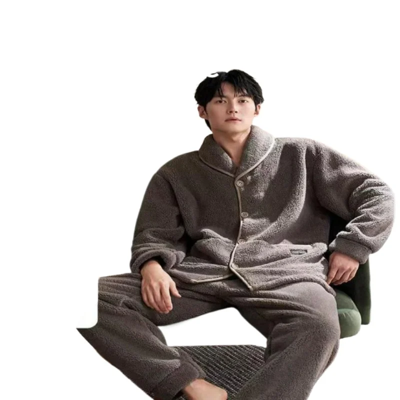 Soft Pajamas Men's Autumn and Winter Fleece Thickened Long Sleeve Warm Lamb Fleece Loungewear Set Can Be Worn Outside Underwear