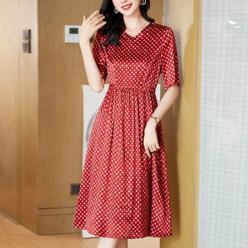 2024 Spring and Summer New Simplicity Print Fashion V-neck Commuter Versatile High Waist A-line Mid Length Temperament Dress