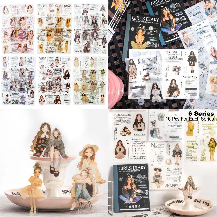مجموعة كتب ملصقات مقطوعة مسبقًا لمذكرات الفتاة مع 60 صفحة من PET وWashy Ephemera لسكرابوكينغ المجلات الشخصية الإبداعية DIY #1