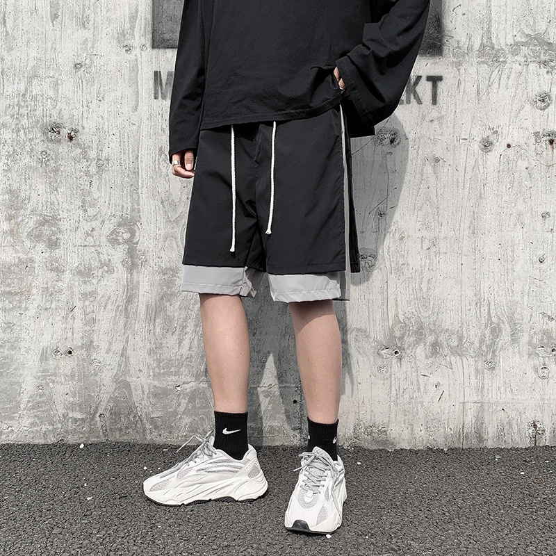 Men Fake 2-piece Design Ins Shorts Streetwear Loose Knee Length Shorts Poppin B-Boy Ulzzang Casual Plus Size Patchwork Shorts