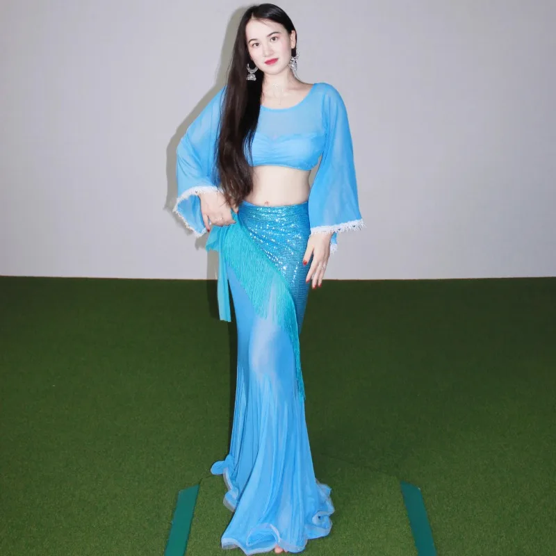 Trajes de danza del vientre personalizados, falda de cola de pez azul de alta gama, conjunto de actuación, traje de clase de temperamento, Top y falda