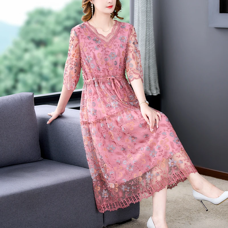 

Women's Pink Embroidered Floral Natural Silk Midi Dress Summer Ruffle Neck Cutout Sexy Dress 2022 Korea Elegant Vestidos