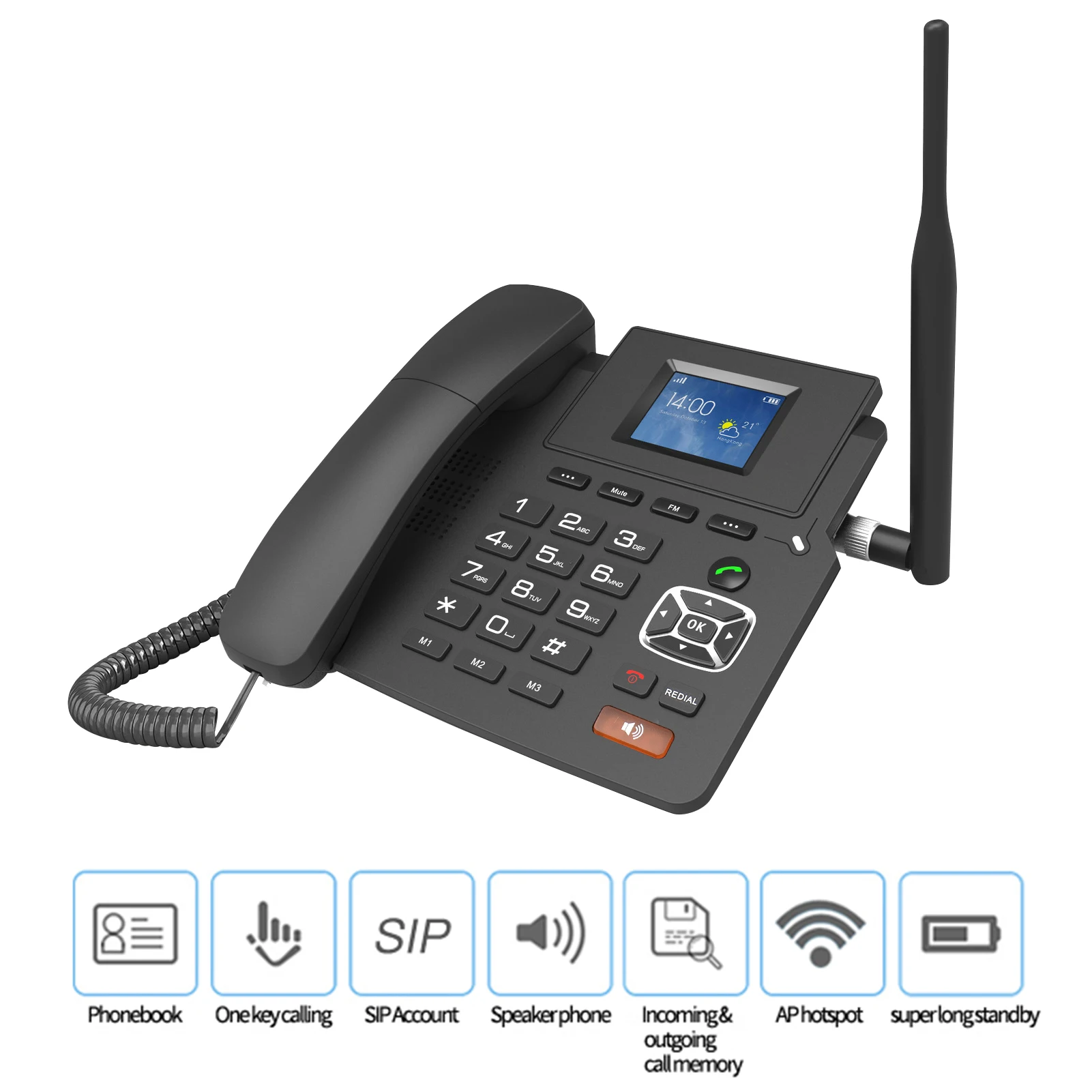 Teléfono inalámbrico 4G de escritorio, con 2 cuentas SIP dispositivo VOIP, WIFI, tarjeta SIM, antena, pantalla LCD, respuesta automática