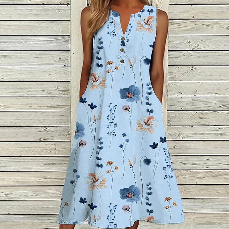 Office Fashion V-neck Button-up Midi Dress Women Casual Sleeveless Pocket Party Dress Summer Elegant Floral Print Beach Dress