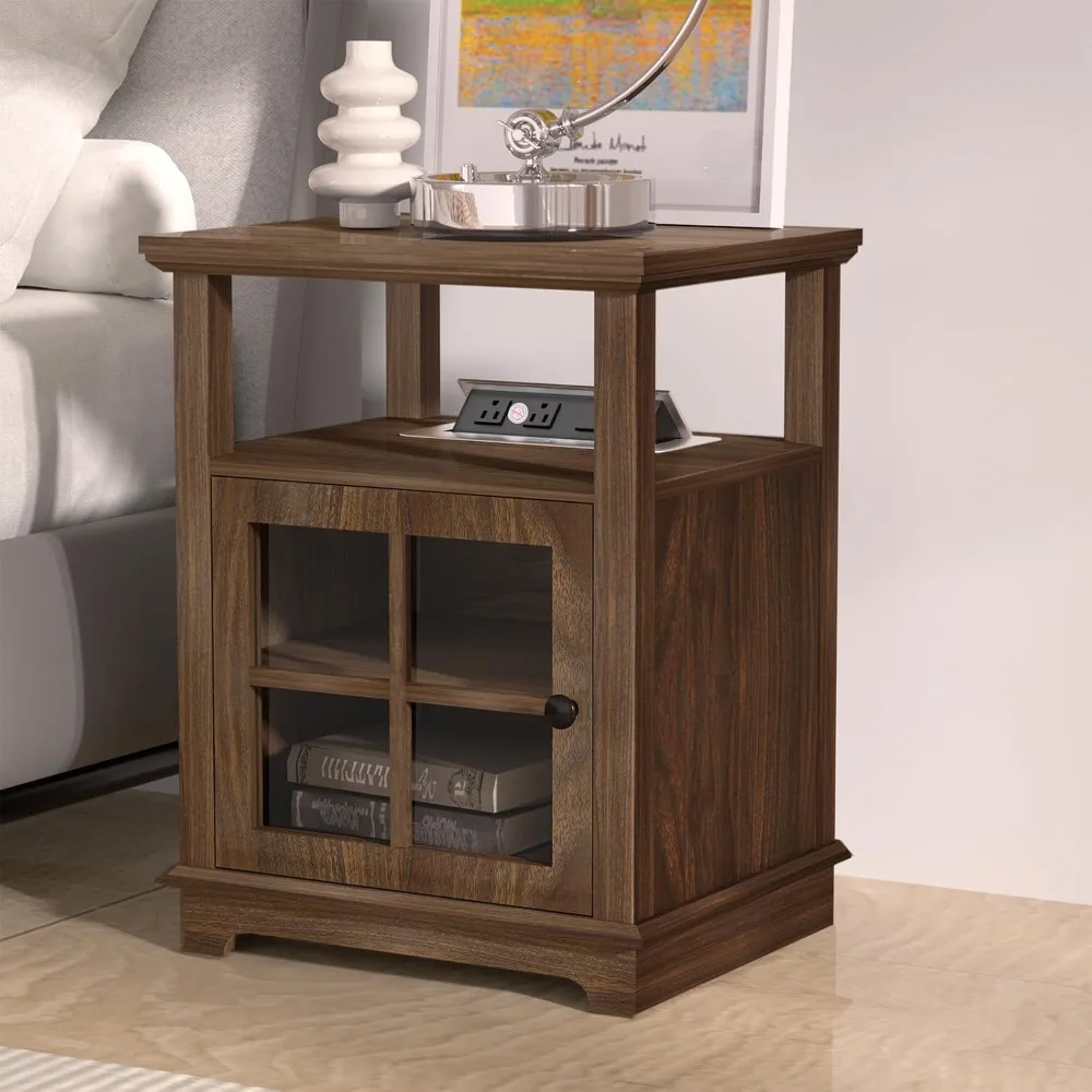 

End Table with Charging Station, Side Table with Storage, Wireless Charging End Table for Living Room,Dark Walnut Nightstand wit