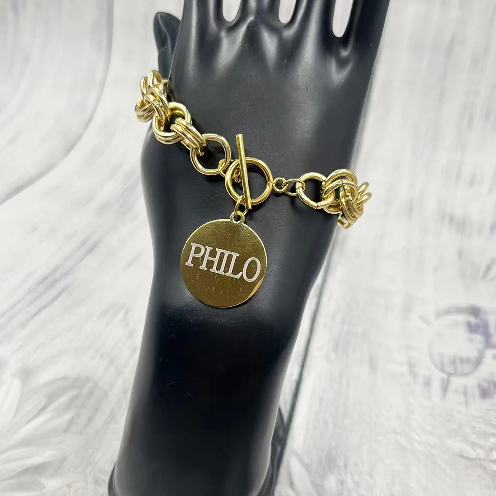 PHILO جولة الفولاذ المقاوم للصدأ رسالة قلادة الألومنيوم سلسلة OT مشبك سوار