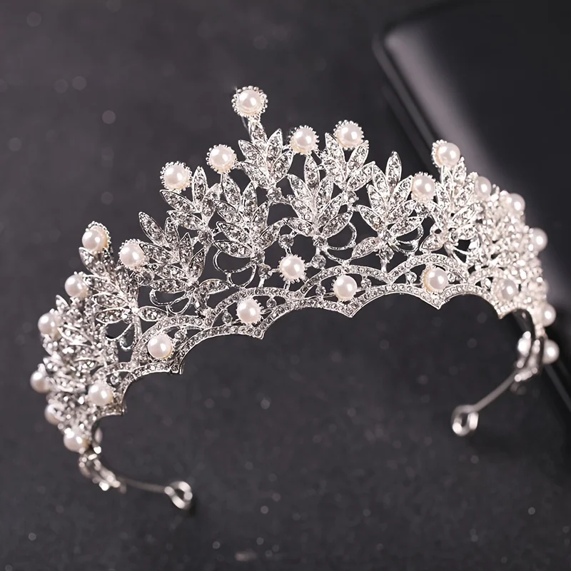 Zilver Kleur Kristal Parel Tiara's En Kronen Strass Prom Diadeem Vrouwen Bruids Bruiloft Haaraccessoires Sieraden Kroon Tiara