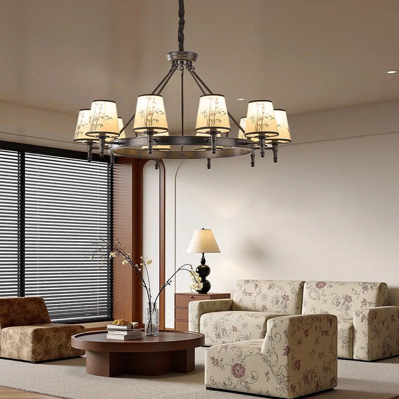 الثريا مصباح غرفة المعيشة ورقة الخيزران زن غطاء قماش صيني جديد فن بسيط قاعة المد الصينية المصباح الرئيسي #3