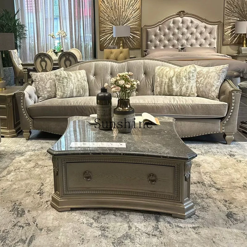 

American solid wood light luxury villa living room retro fabric single three-person sofa combination