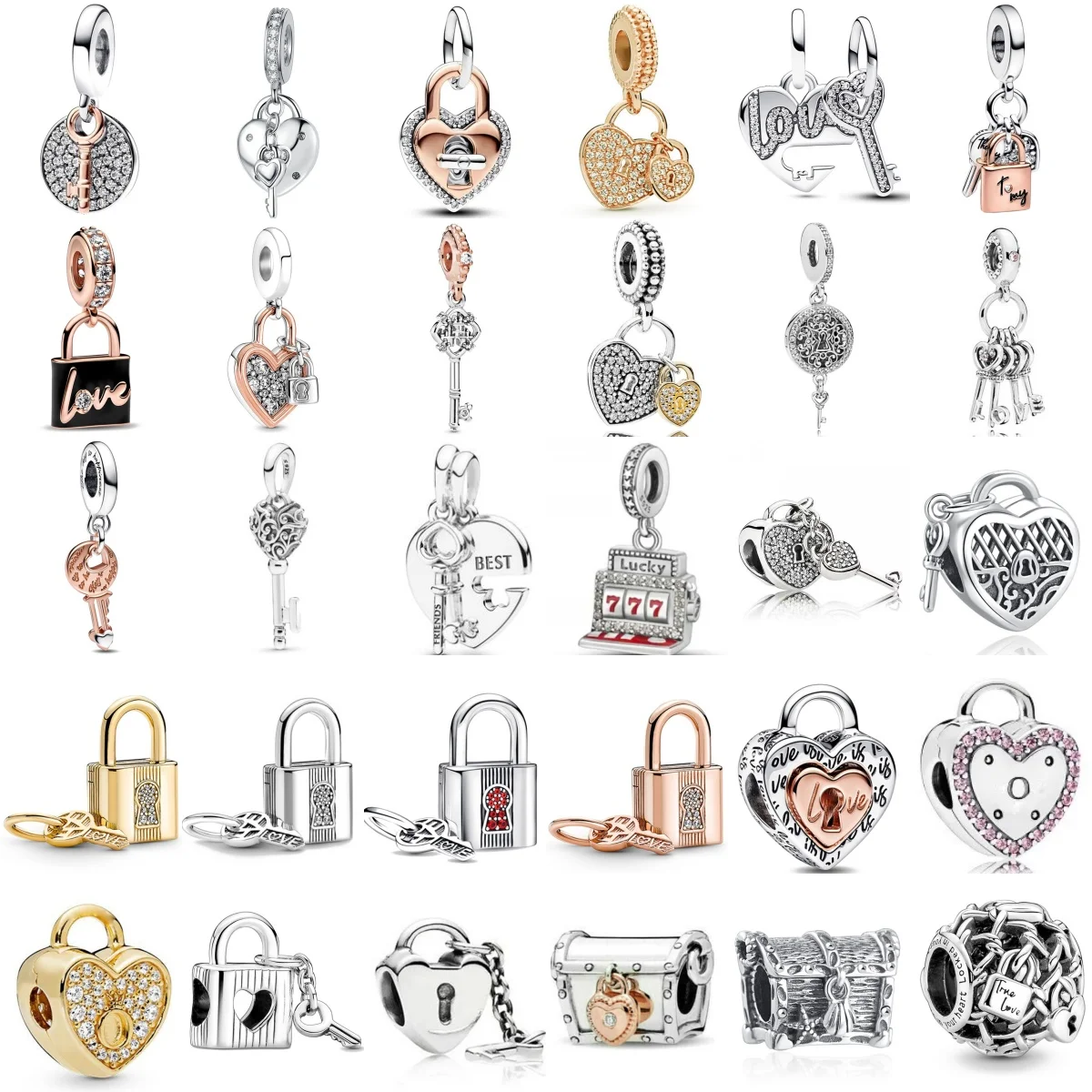 New 925 Silver Heart-Shaped Hollow Dual Tone Secret key Lock Pendant Charm Fit Original Pandora Bracelets DIY Women Jewelry Gift