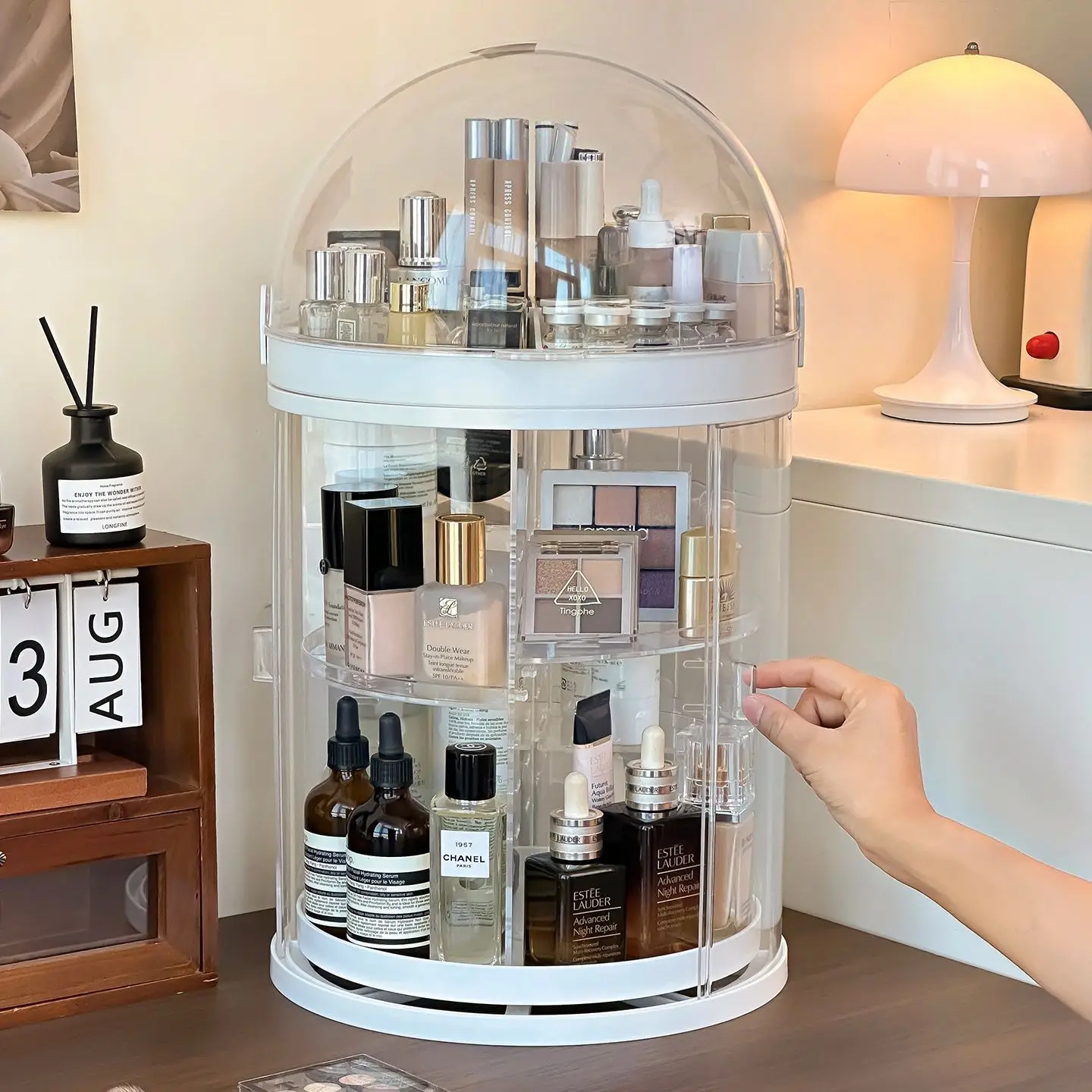 360° Rotating Clear Makeup Organizer with Dustproof Dome Lid, 3 Tier Large Capacity Cosmetic Storage Box for Vanity Bathroom