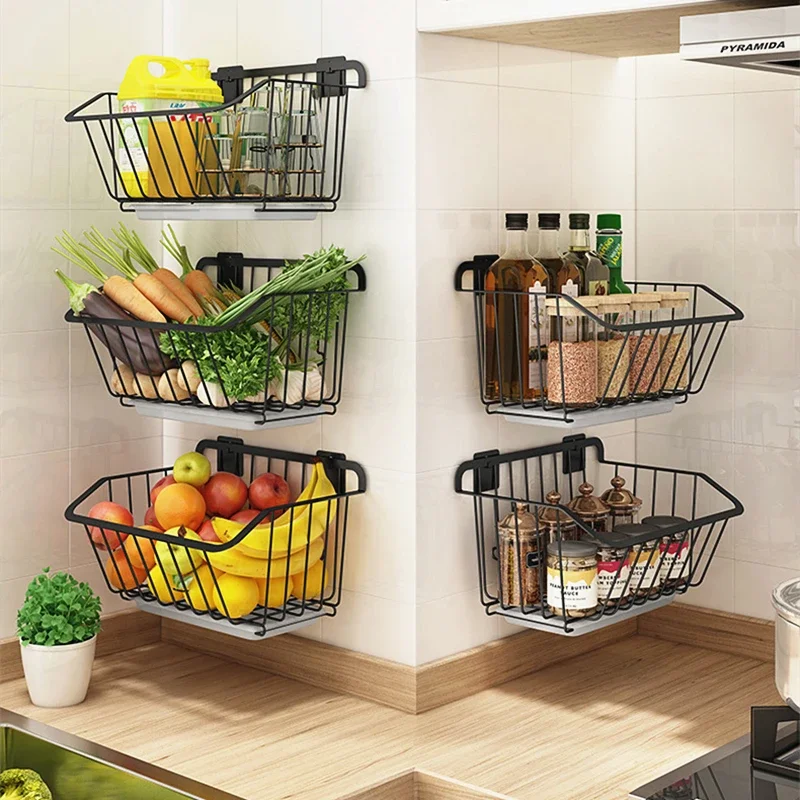 Silver Stainless Steel Kitchen Wall Hanging Storage Basket Spice Rack Fruit Vegetables Drainer Organizer Dish Tools Drying Shelf