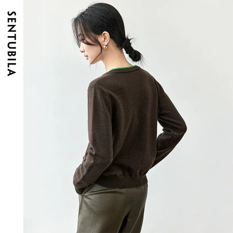 SENTUBILA Spliced Knitted Cardigan for Women 2024 Autumn V Neck Single Breasted Long Sleeve Top Women Clothing W43H55871