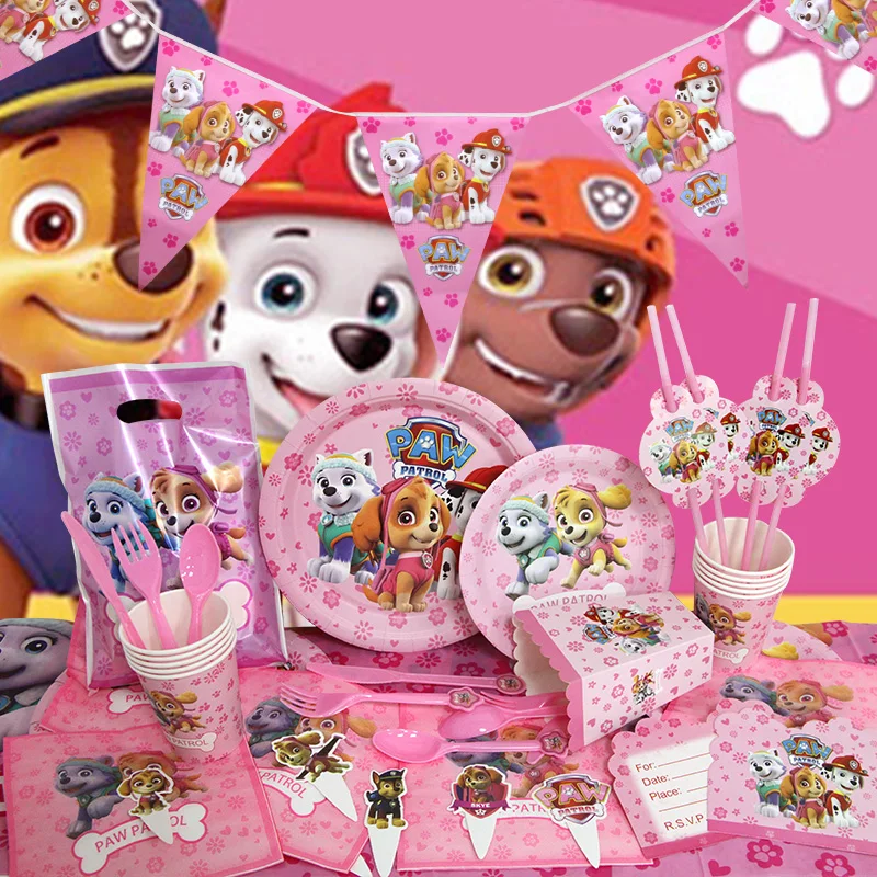 PAW Patrol Geburtstagsparty-Dekoration Rosa Skye Aluminiumfolienballon Latex Kinder-Event-Zubehör Einweg-Tischgeschirr Hintergrund – Detail 3