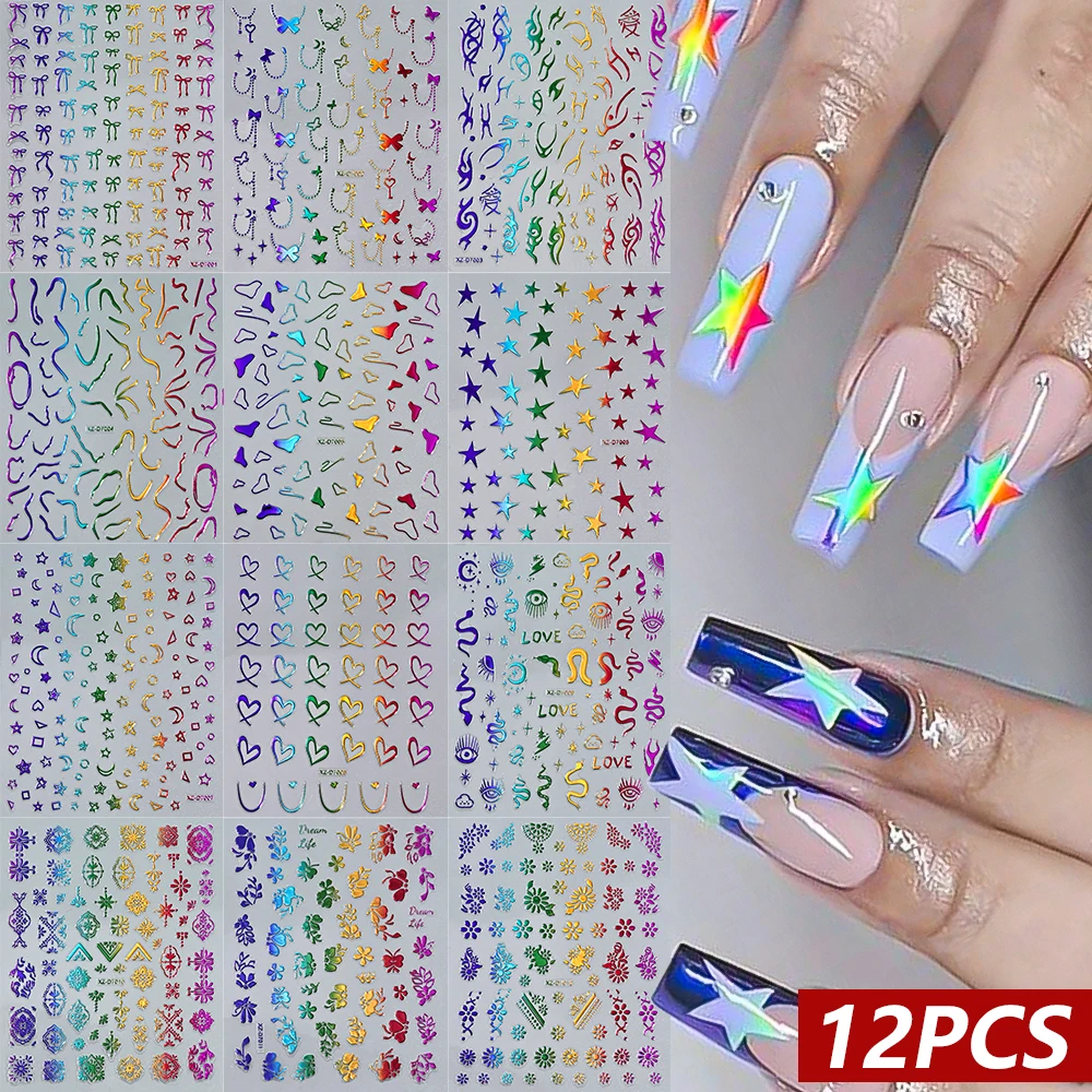 

12Pcs Rainbow Star Bow Nail Stickers 3D Metallic Bronzing Floral Heart Flame Irregular Line Nail Decals Slider Y2k Nail Sticker#