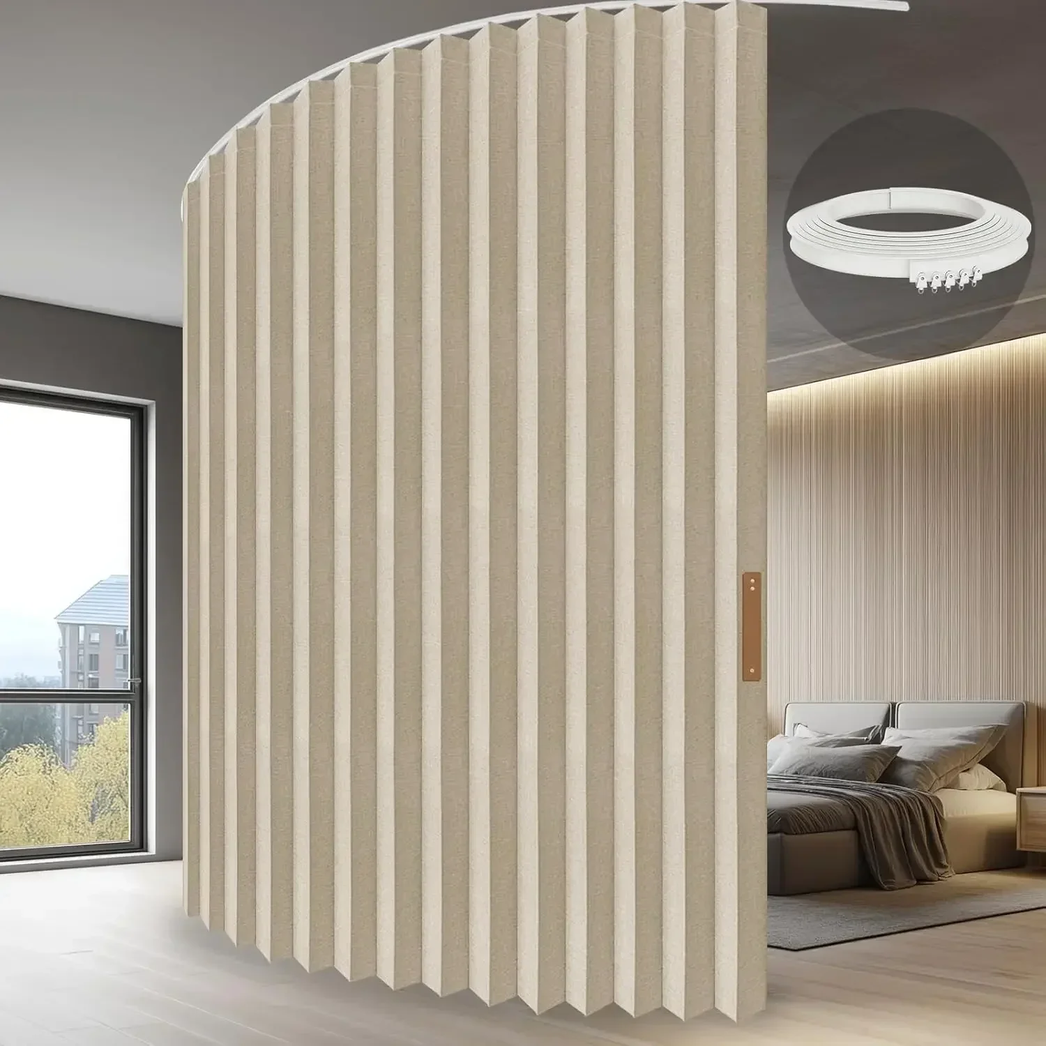

Accordion Folding Room Partition with Ceiling Track - Retractable Room Divider Curtain, Effortless Setup(Beige 100" W x 84" L-Pa