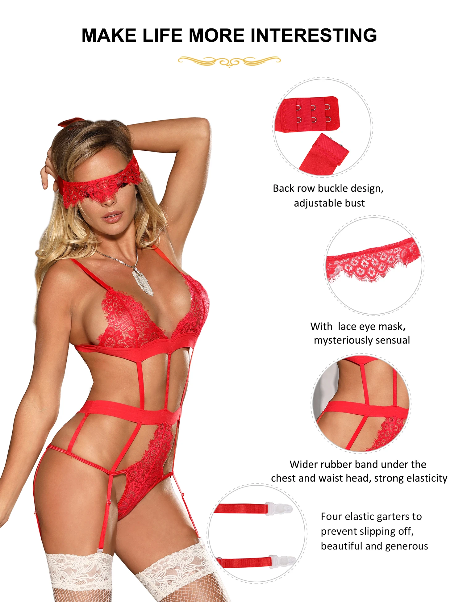 Comeondear Garters Love Affair Red Eyelash Lace Teddy Eye Mask Bodysuits Sexy One Pieces Body Overalls Women Lingerie Underwears