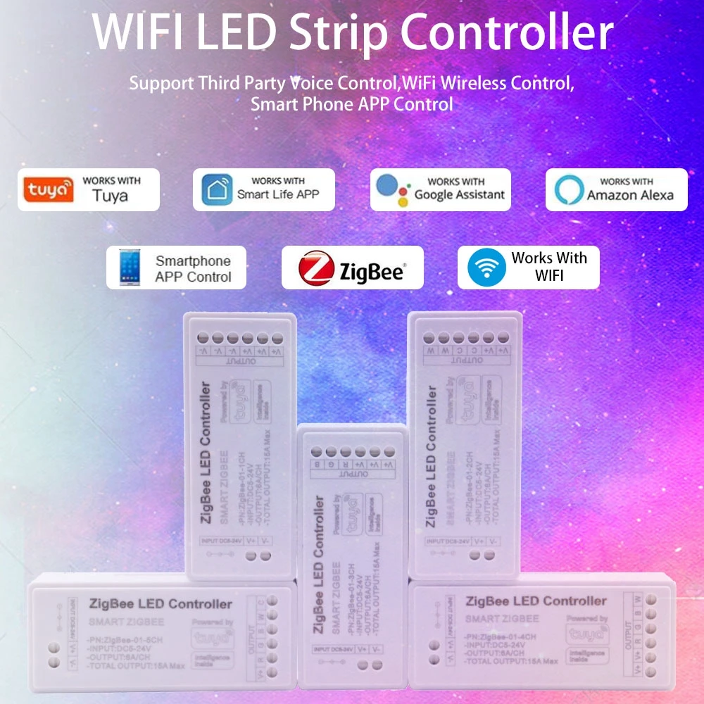 Tuya Zigbee RGB LED Controller 180W Smart Life Gateway Hub Alexa Google COB DIM CCT RGB RGBW RGBCCT LED Strip Light DC5-24V