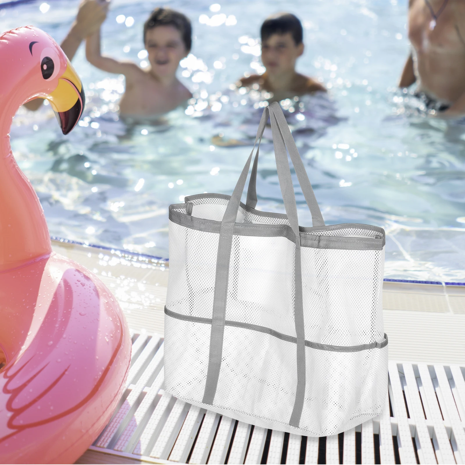 Foldable Large Beach Bag for Women Mesh Swim Tote Lightweight with Storage Pocket for Pool Outdoor Family Trips