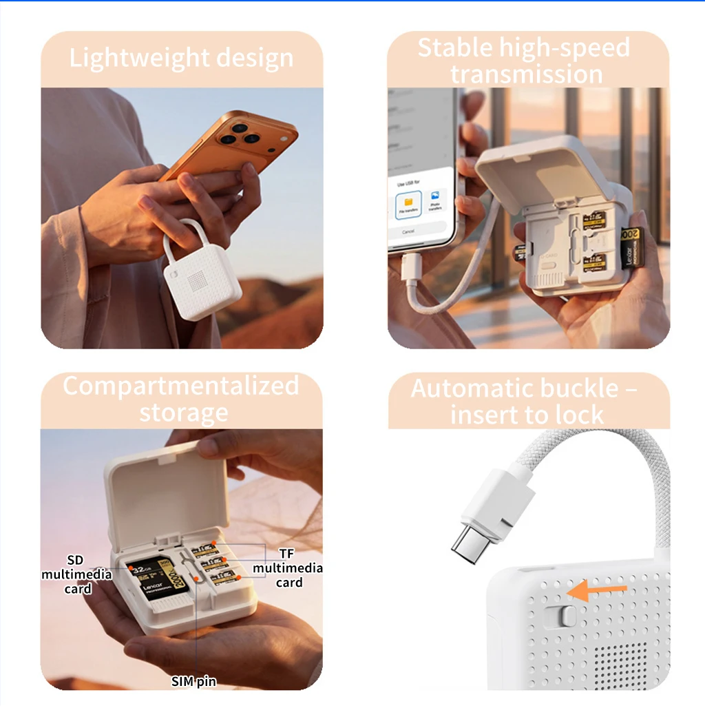 Tragbare Aufbewahrungsbox für Kartenlesegeräte, ideal für Fotografen auf Reisen und bei Außenaufnahmen, mit Schnellladeanschluss Typ C, passend für SD- und TF-Karten sowie SIM-Kartenhalter. – Detail 3