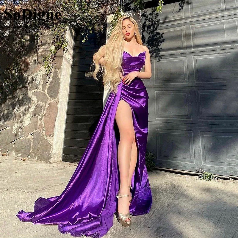 SoDigne Fashion Purple Mermaid Satin abiti da ballo lunghi Sexy spacco laterale abiti da sera lunghi da donna abito formale da festa