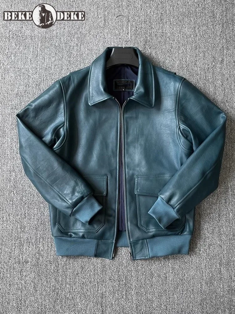 

Mens Genuine Leather Pilot Jacket New Spring Autumn Casual Turndown Collar Oil Wax Sheepskin Vintage Motorcycle Short Coat Male