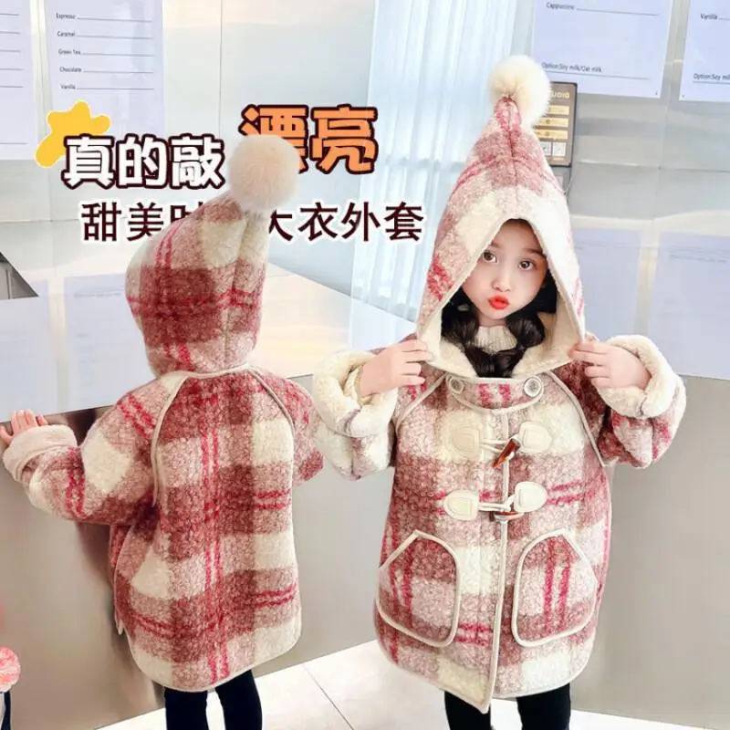 

Kawaii Girl Fashion Overcoat Winter Fleece-Lined Thicken Keep Warm Student Cartoon Casual Hooded Tops Coat Children's Clothing