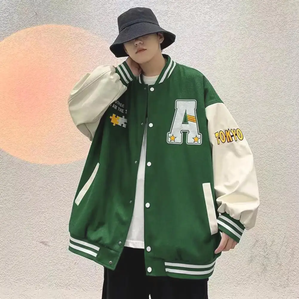 

Baseball Jacket Men Jacket Men's Stand Collar Baseball Jacket with Letter Embroidery Design Pockets Full Buttons for Sports