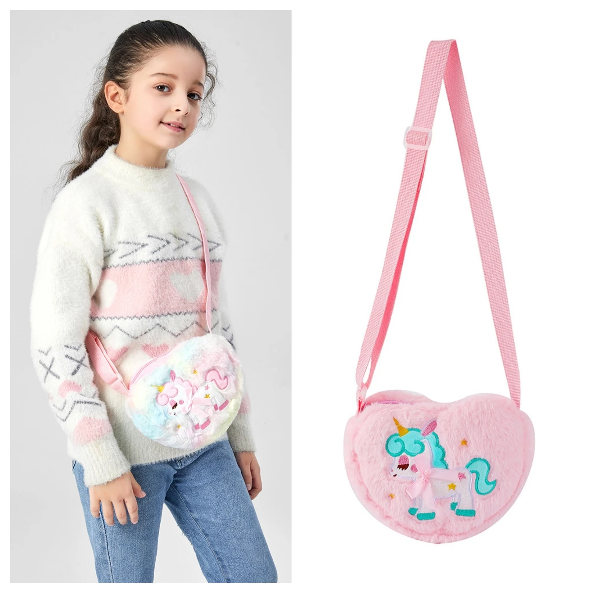 Love Unicorn Crossbody Bag for Girls Kids Cute Plush Shoulder Bag Children Cartoon Crossbody Bags Kawaii Coin Purse Coin Pouch