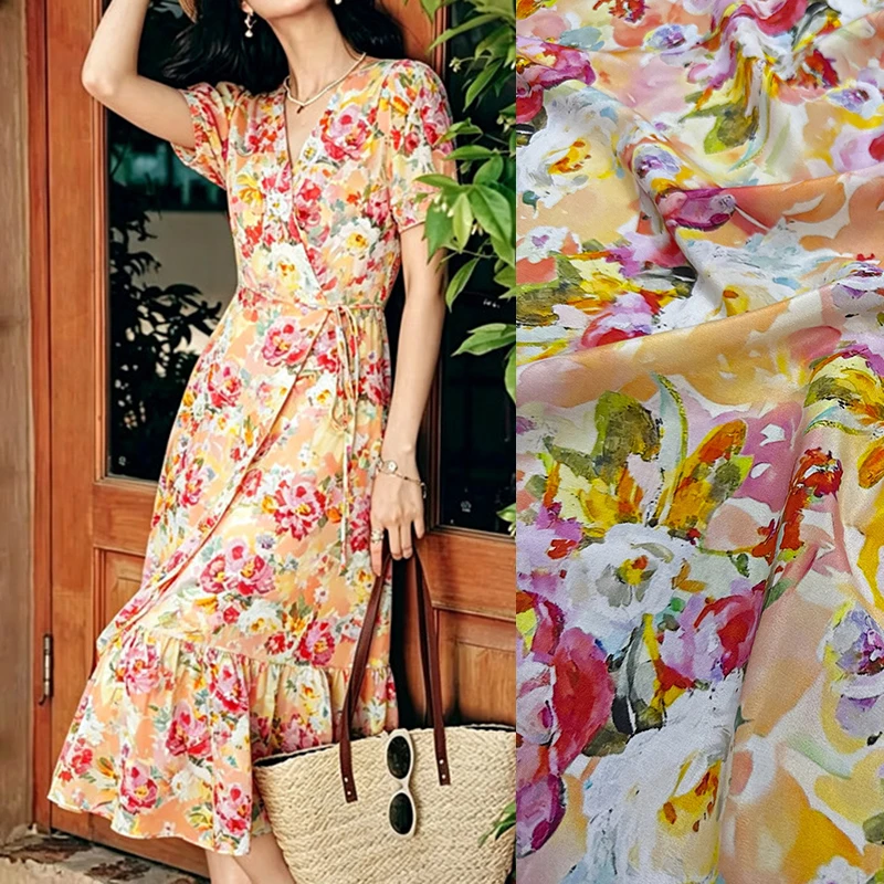 Gorgeous Floral Printed Stretch Silk Crepe de Chine Fabric for DIY Sewing Summer Dress Pajamas Comfortable Silk Fabric FR7043