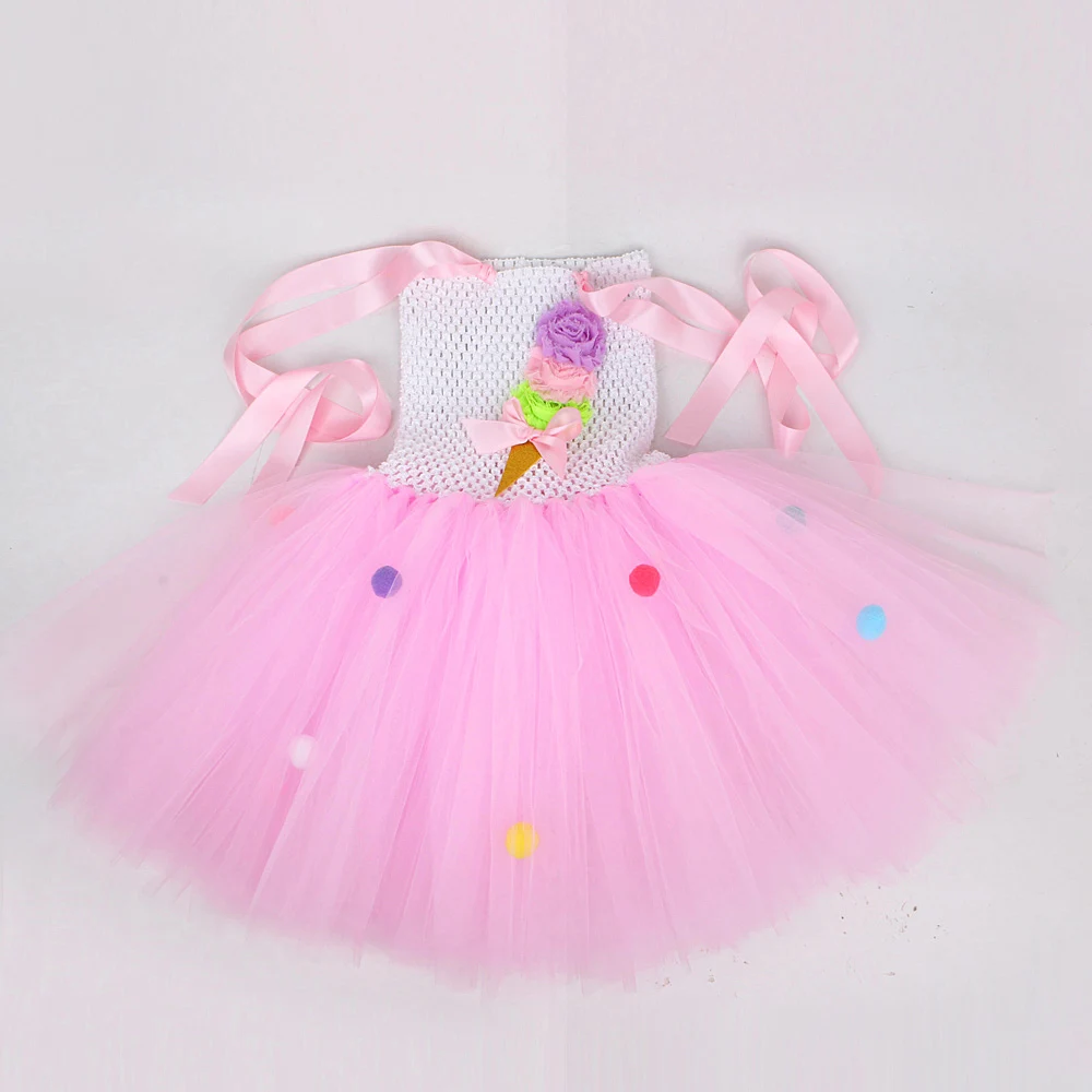 Pink Ice Cream Tutu Dress for Baby Girls Birthday Party Cake Smash Costumes Kids Candyland Outfit with Bow Child Sweet Clothes