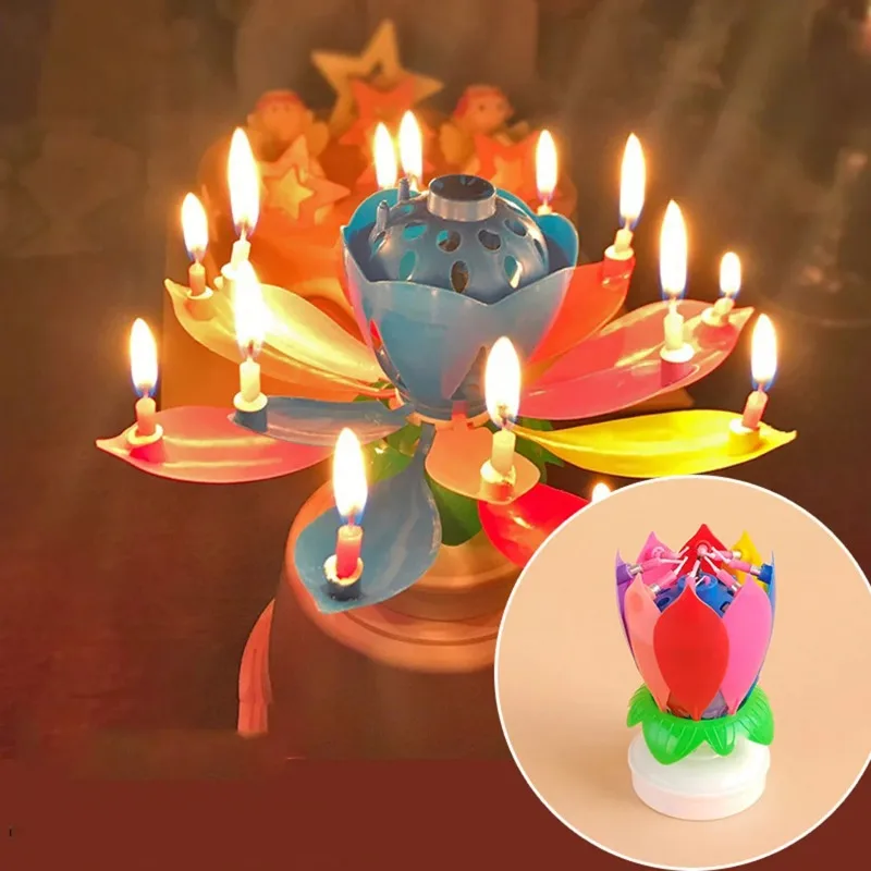 Music Candle Double Flower Blossoms Birthday Cake Flat Rotating Electronic Decorative Accessories Happy Birthday Supplies