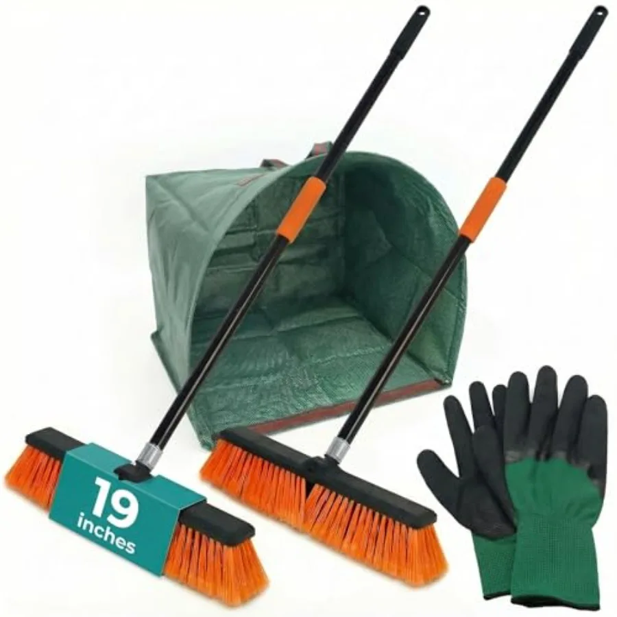 

2-Pack 19" Outdoor Push Brooms with 62" Long Handles Heavy Duty Brooms for Driveway Deck Garage and Patio Includes Dustpan Bin