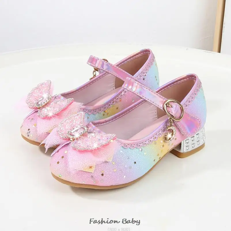 Leather Shoes Princess Shoes Children Shoes Round-Toe Soft-Sole Big Girls High Heel Princess Crystal Party Shoes Single Shoes