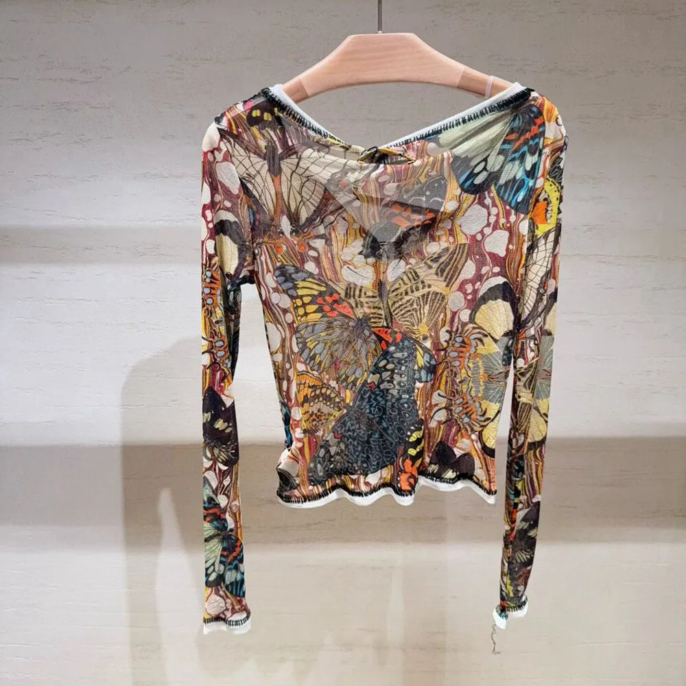 2026 Spring Summer Cropped Vintage Butterfly Print Mesh T-shirt Women Long Sleeve Slim Fit Sun Protection Tops