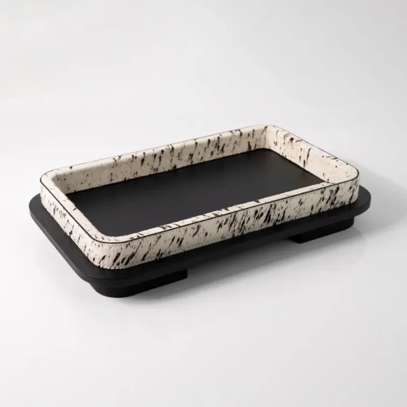 Luxury Cowhide Horsehair Rectangular Tray, Modern High-End Home Decor Organizer, Premium Wooden Storage Tray for Coffee Table