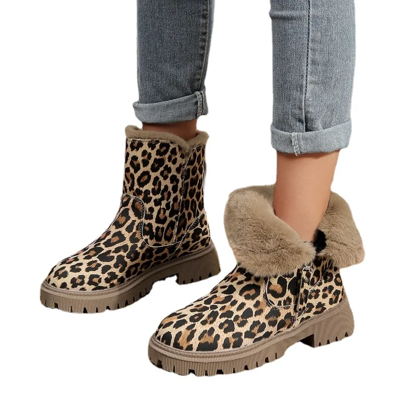 Shoes for Women 2023 Zip Women\'s Boots Fashion Leopard Print Daily Boots Women Hot Sale Round Toe Platform Keep Warm Mid-Calf