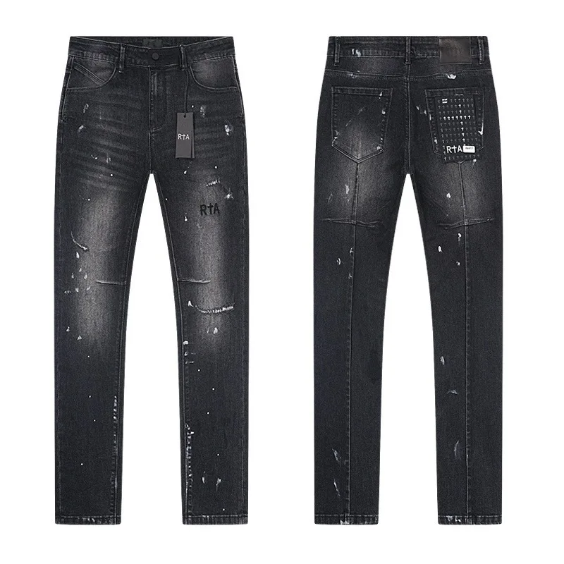 

RTA Black Ripped Denim Pants Men Paint Splatter Design letter Print Slim Fit Casual Brand Streetwear Jeans
