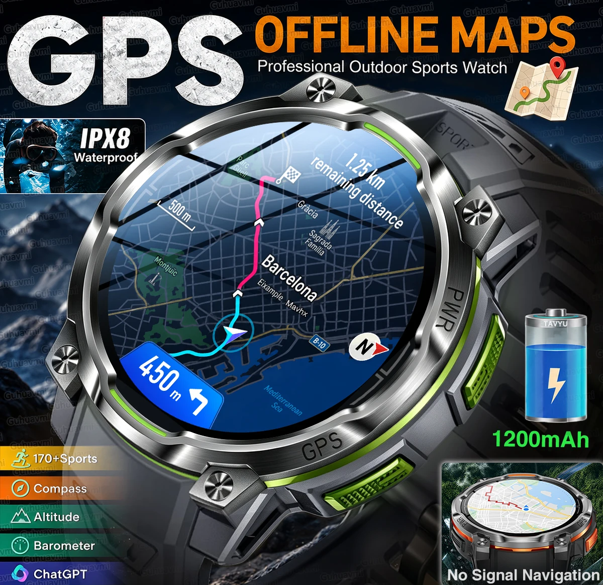 New GPS Download Map & Offline Navigate Smart Watch Men 1200mAh Battery IPX8 Waterproof Compass 170+ Sports Outdoor Smartwatch