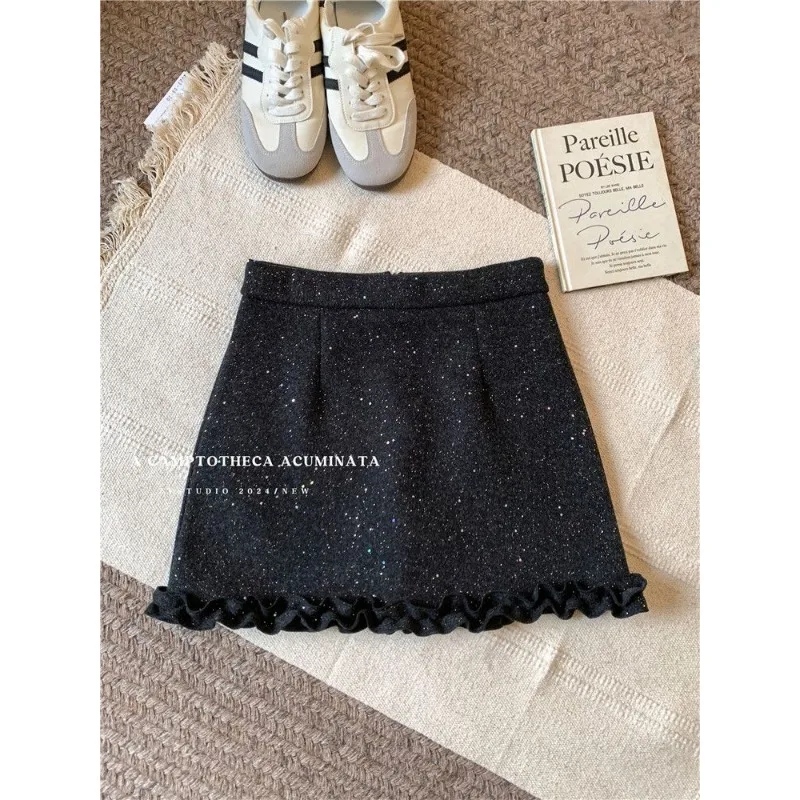 Sequined Sparkling Woolen Skirt Autumn and Winter 2025 New High-waisted A-line Skirt Fungus Lace Hip-covering Short Skirt