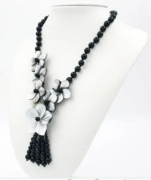 New Natural Stone Onyx Black Mosaic stone Shell Flowers Handmade Tassel Necklace