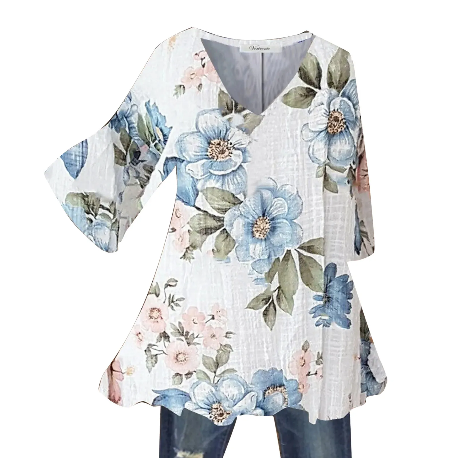 Fashion Women New Spring Shirts Floral Print Irregular Hem Blouse Women Clothing Casual 3/4 Sleeve Shirt Oversize